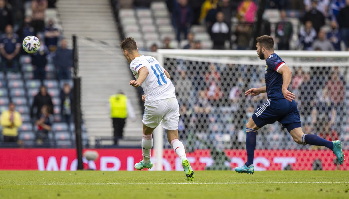 Patrick Schick beats Scotland goalkeeper David Marshall from just inside the hosts' half.