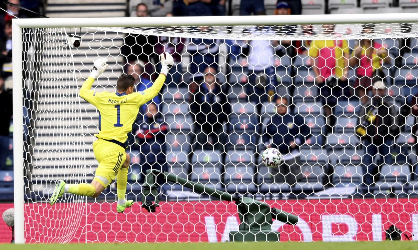 Scotland keeper David Marshall can only watch as Patrik Schick's shot flies into the back of the net.