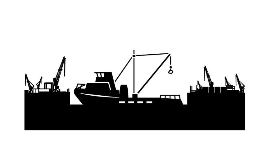 Black and white silhouetted graphic of a dock yard