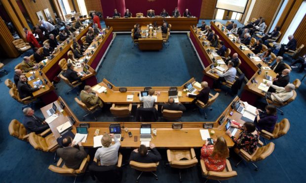 Aberdeen City councillors packed into the chamber at the Town House. Photo taken early March 2019.