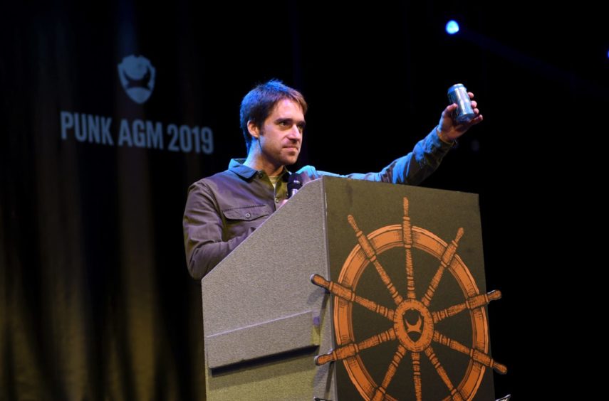 Brewdog's Martin Dickie on stage at a company AGM.