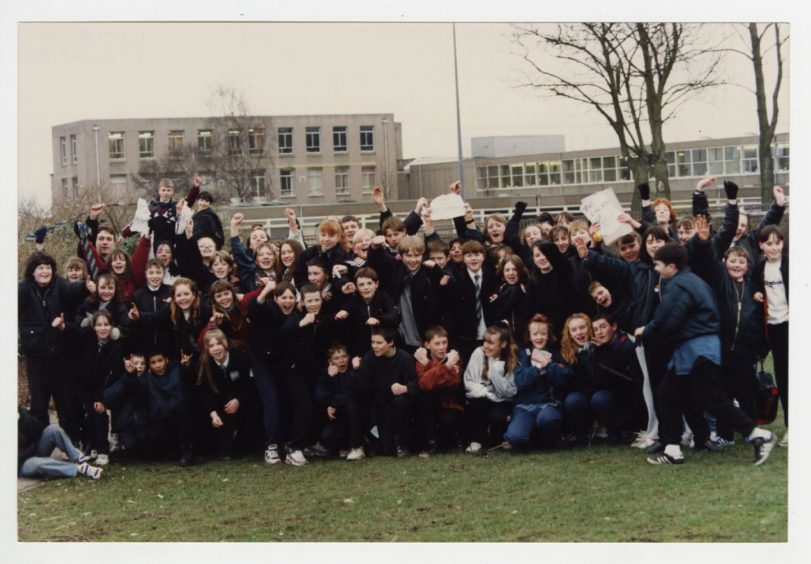 Pupils protesting at Linlathen High School in 1996.