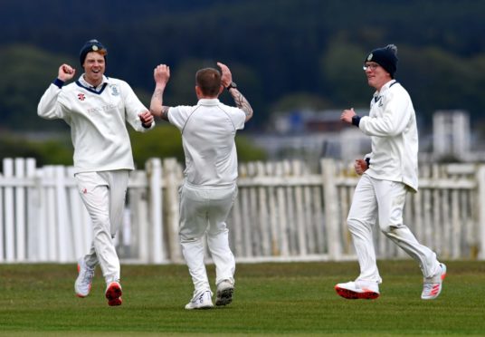 Stoneywood Dyce celebrate during their first game of the season against Meigle.