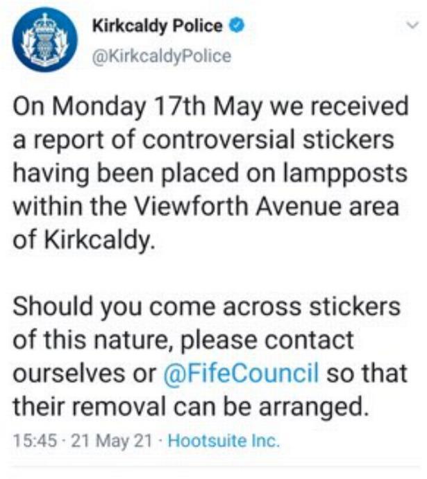 The @KirkcaldyPolice tweet, which has since been deleted.