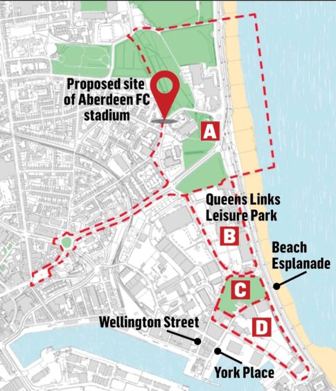 The SNP's preferred masterplan area would add the stretch from the Queens Links Leisure Park to Footdee to the £150m plan.