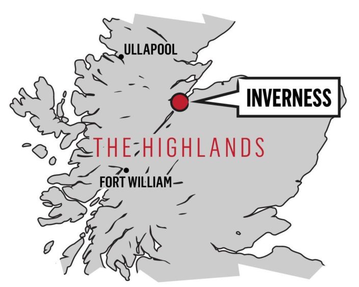 Map of Scotland with Inverness highlighted