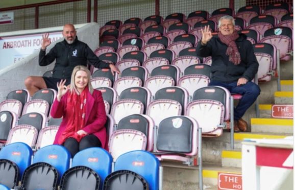 Alex Mcclintock of Andy's Man Club, Shelley Hague of the community trust and Mike Caird, chairman of Arbroath FC.