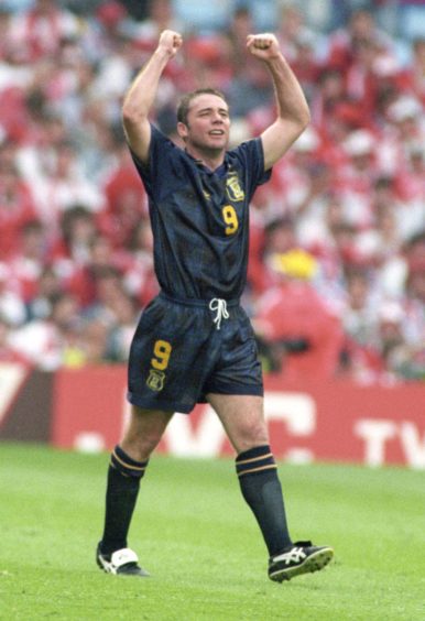 Ally McCoist celebrates his goal against Switzerland in the European Championship finals at Villa Park in 1996.