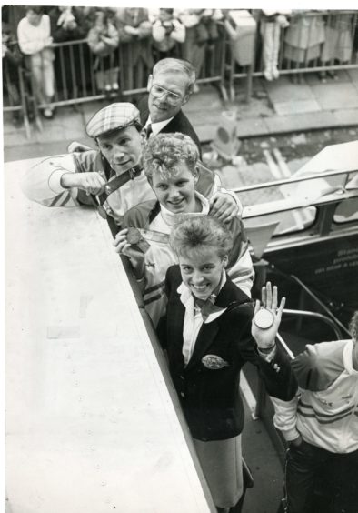 From front to back - athlete Liz Lynch, swimmer Ruth Gilfillan, Boxer George Ferrier and boxing coach Dick McTaggart.