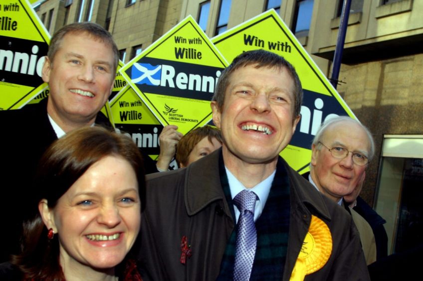 Willie Rennie and wife Janet in 2006, on a tour of Dunfermline during the by-election campaign in 2006. With then-Lib Dem Scottish leader Nicol Stephen and Sir Menzies Campbell.