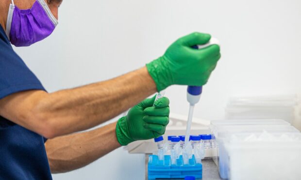 A lab technician processes PCR tests