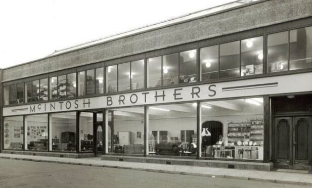 Black and white image showing the McIntosh Brothers store in Peterhead.