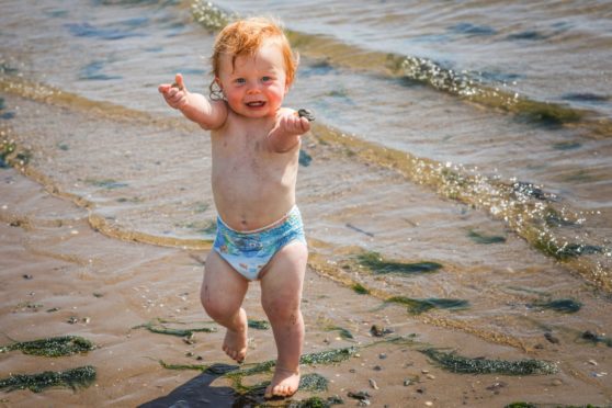 Lewis Moir, 18 months, enjoys finding stones in the sand