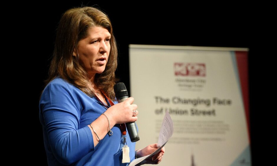 Councillor Marie Boulton speaking at a 2018 event with city school children on the future of Union Street.