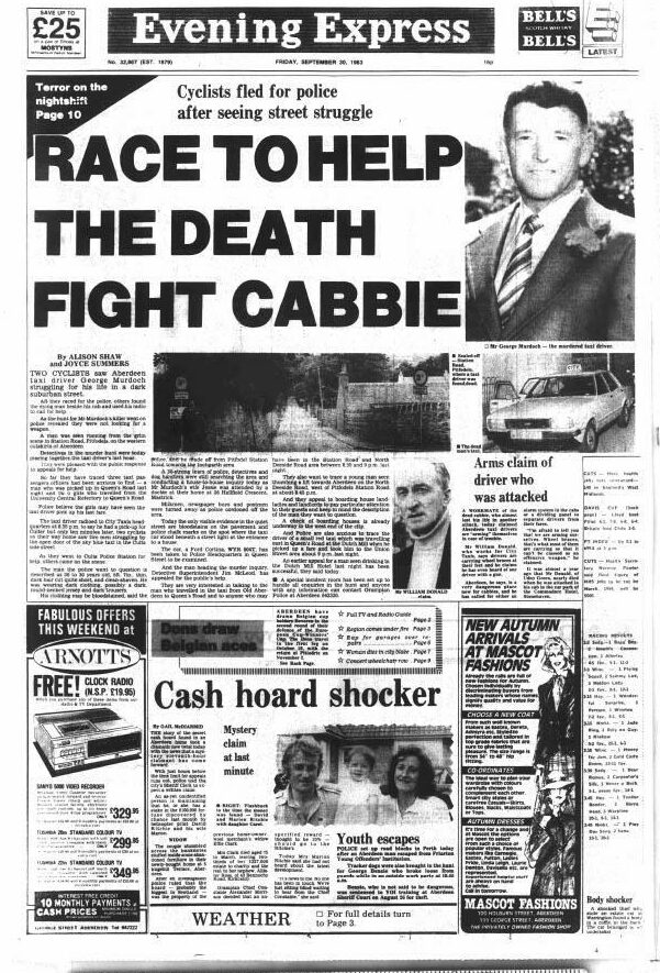 The Evening Express front page, September 30, 1983, "Race to help the death fight cabbie"