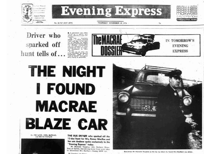 Snippet of the Evening Express in 1976 after Renee Macrae's car was found on fire.