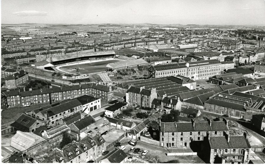 A 1980 view from the Hilltown multis where John Holt grew up, showing Dens Park and Tannadice in the distance.