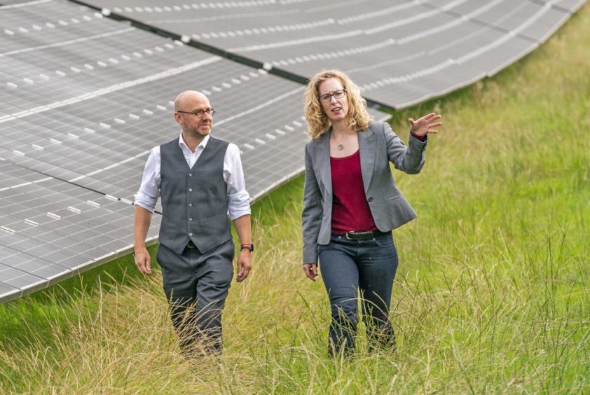 Scottish Greens co-leaders Patrick Harvie and Lorna Slater at the site of a new solar farm.