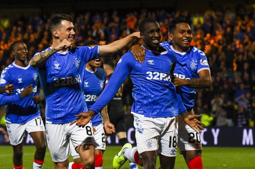 Glen Kamara celebrates after scoring to make it 1-0 during the Betfred Cup quarter-final between Livingston and Rangers. 