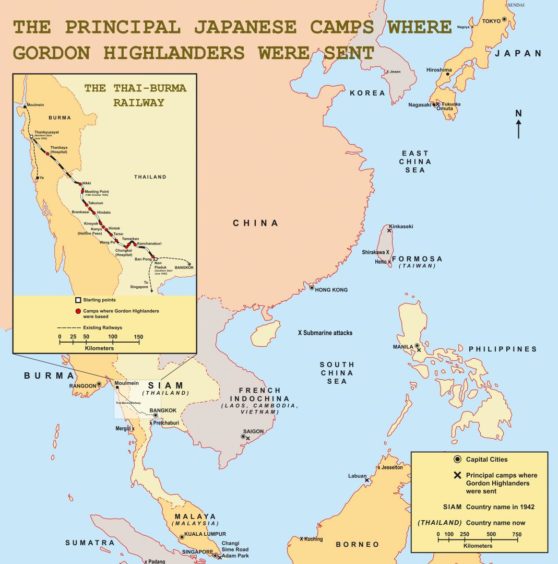 Map showing how Scottish soldiers were imprisoned in many different Japanese PoW camps after the Fall of Singapore.