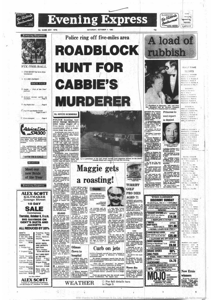 The Evening Express front page October 1 1983 "Roadblock hunt for cabbie's murderer"