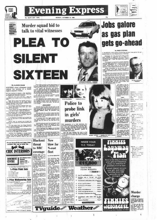 Evening Express front page, October 10, 1983. "Plea to silent sixteen"