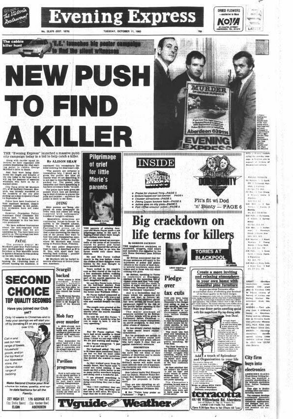 Evening Express front page, October 11, 1983. "New push to find a killer"