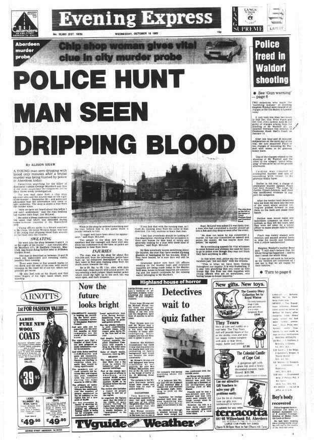 Evening Express front page, October 19, 1983. "Police hunt man seen dripping blood"
