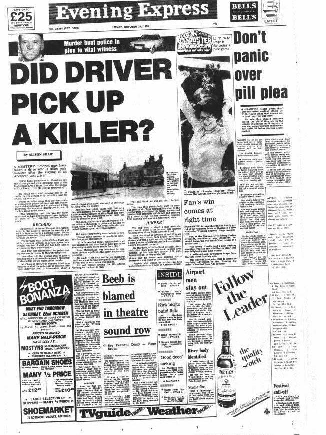 Evening Express front page, October 21, 1983. "Did driver pick up a killer"