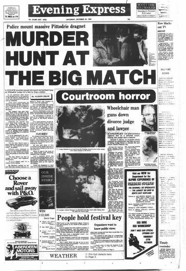 Evening Express front page, October 22, 1983. "Murder hunt at the big match"