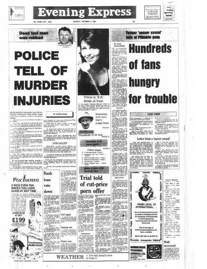 The Evening Express front page October 3, 1983. "Police tell of murder enquries"