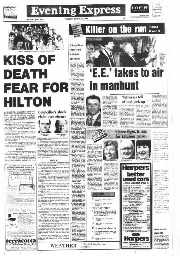 The Evening Express front page, October 6, 1983. "E.E takes to air manhunt"