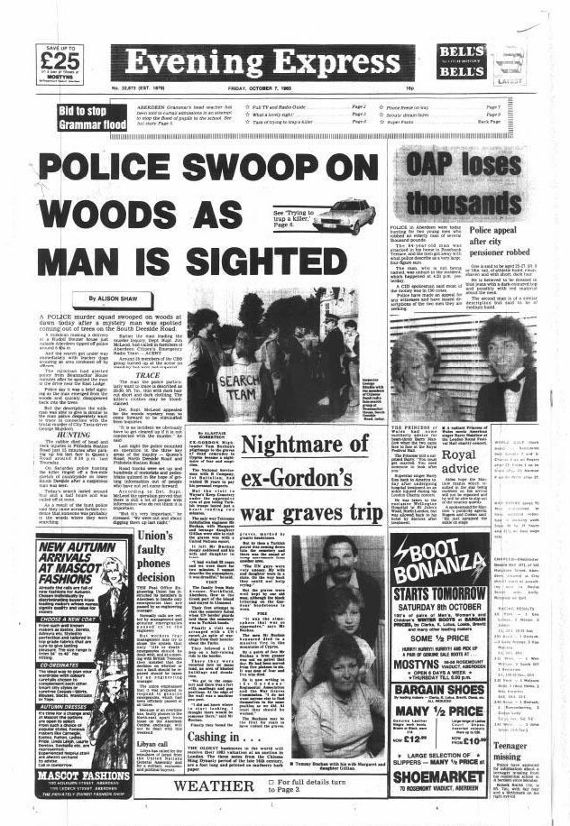 Evening Express front page October 7, 1983. "Police swoop on woods as man is sighted"