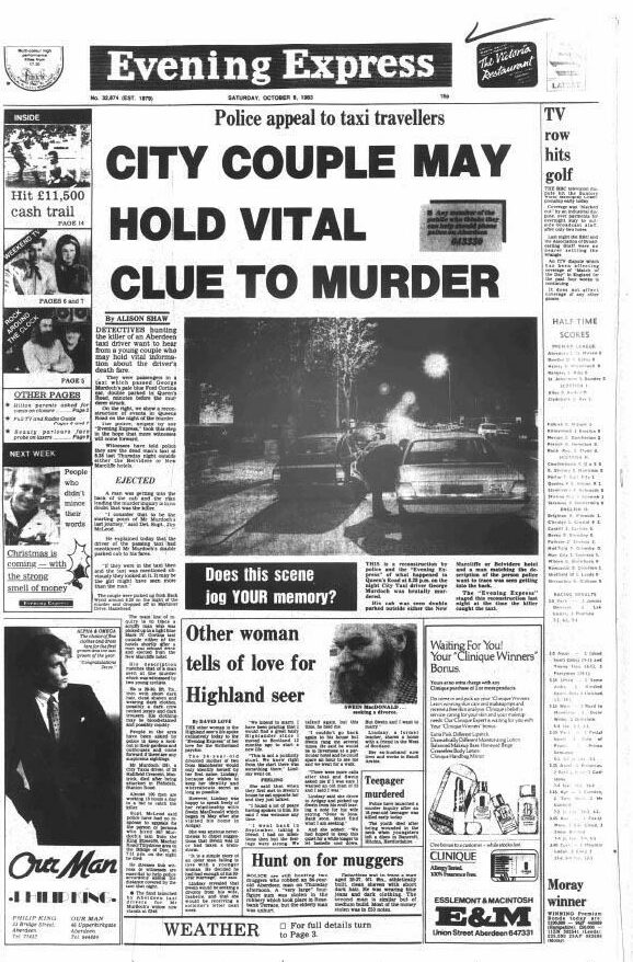 Evening Express front page, October 8, 1983. "City couple may hold vital clue to murder"
