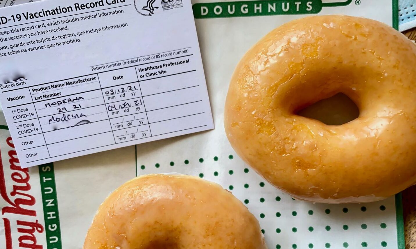 Krispy Kreme Doughnuts offered free products to US customers with proof of Covid vaccination.