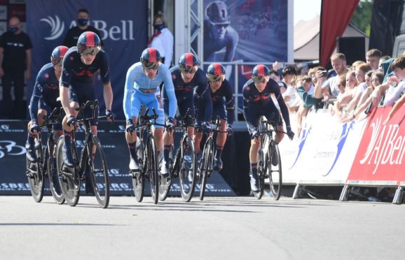 Ethan Hayter (light blue jersey) and his INEOS Grenadiers team-mates start stage three of the Tour of Britain.