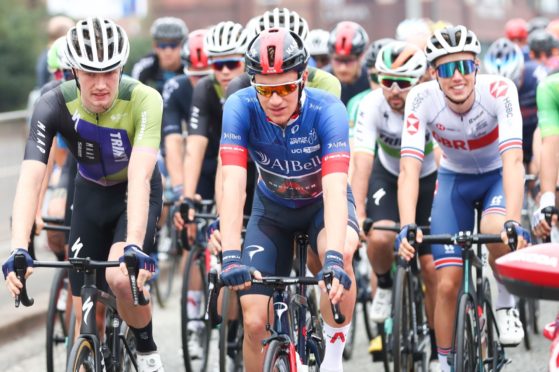 INEOS Grenadiers' Ethan Hayter on the front of the race as Stage 6 sets off from Carlisle. Tour of Britain.