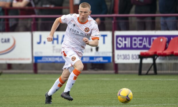 Peterhead loanee Flynn Duffy in action for Dundee United against Kelty Hearts. 