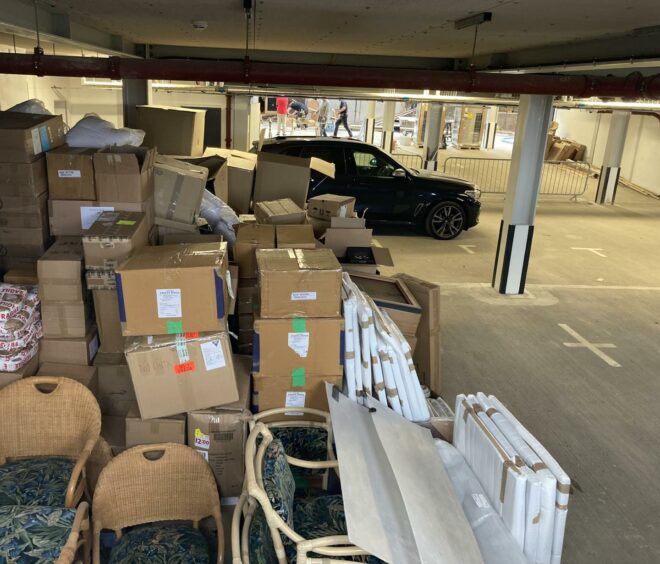 Boxes are piled up in the car park at Rusacks St Andrews.