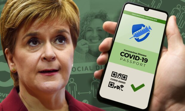 A graphic showing Nicola Sturgeon and the vaccine passport app.