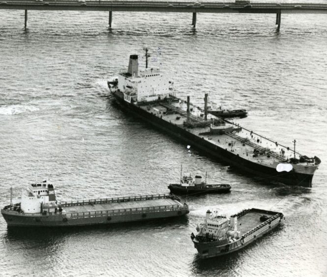 The out-of-control tanker came perilously close to striking the Tay Road Bridge in 1983.