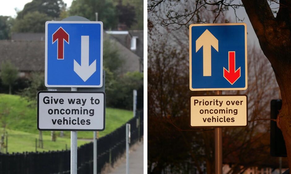 The sign at Harestane Road (left) and how it should be used according to the Highway Code (right).