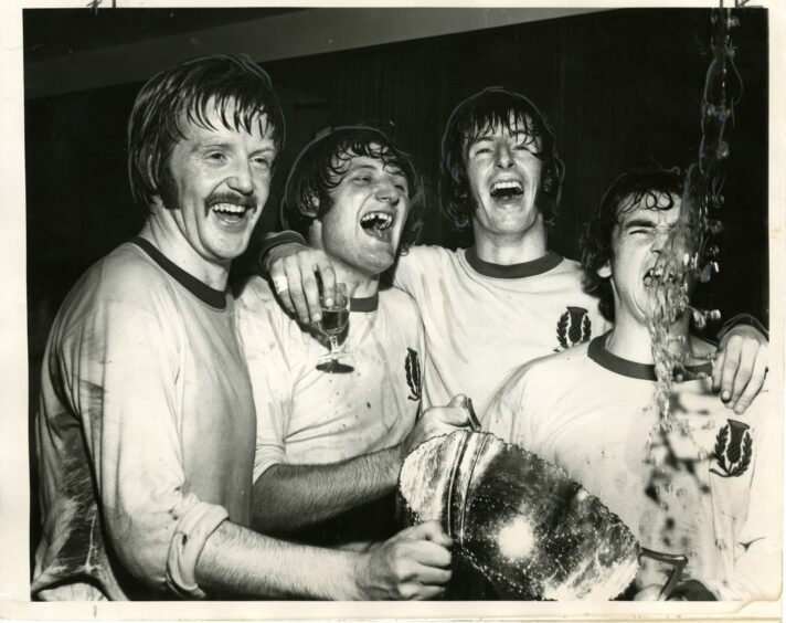 Partick Thistle's goalscorers - Alex Rae, Jimmy Bone, Dennis McQuade and Bobby Lawrie - hold the Scottish League Cup.