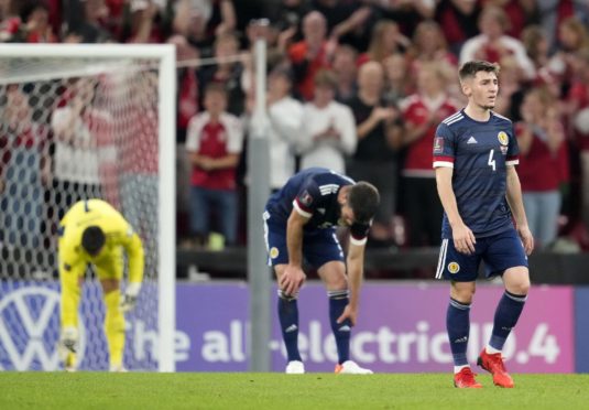 Scotland's Billy Gilmour reacts after they concede the opener against Denmark.