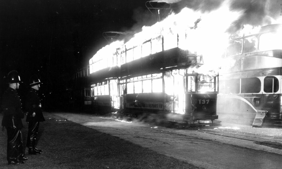 The last of Aberdeen's trams were burned on the private lines near the Beach Ballroom on May 16, 1958.