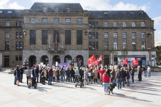 Dundee University workers during a strike rally in City Square.