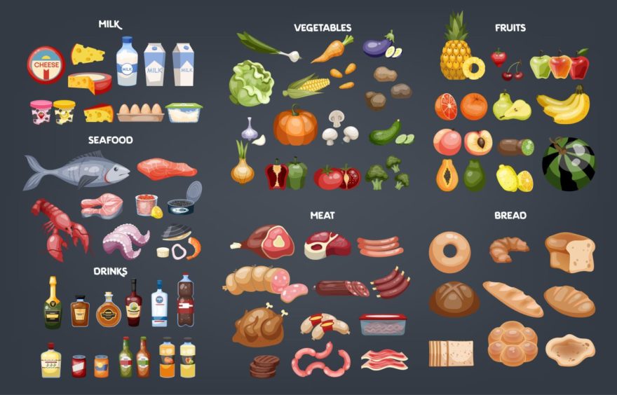 A graphic showing the food groups: milk, vegetables, fruits, seafood, drinks, meat and bread