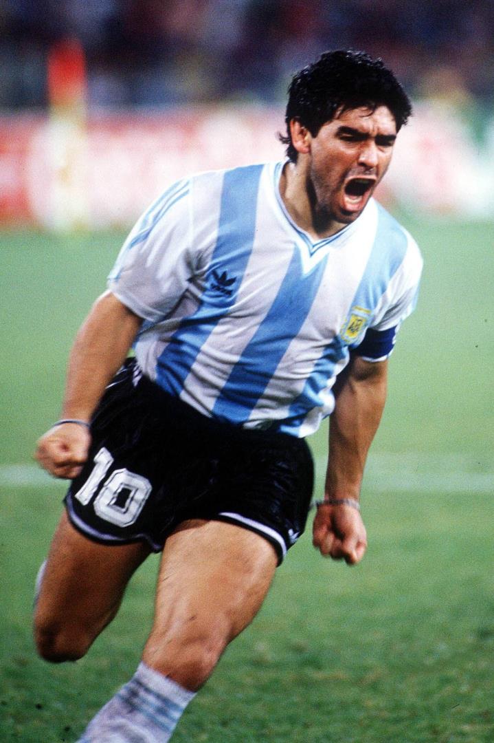 Diego Maradona after scoring a penalty kick at the 1990 World Cup in Italy.