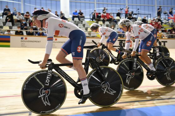 Katie Archibald, Megan Barker, Neah Evans and Josie Knight of Great Britain in action during the women's team pursuit first round.