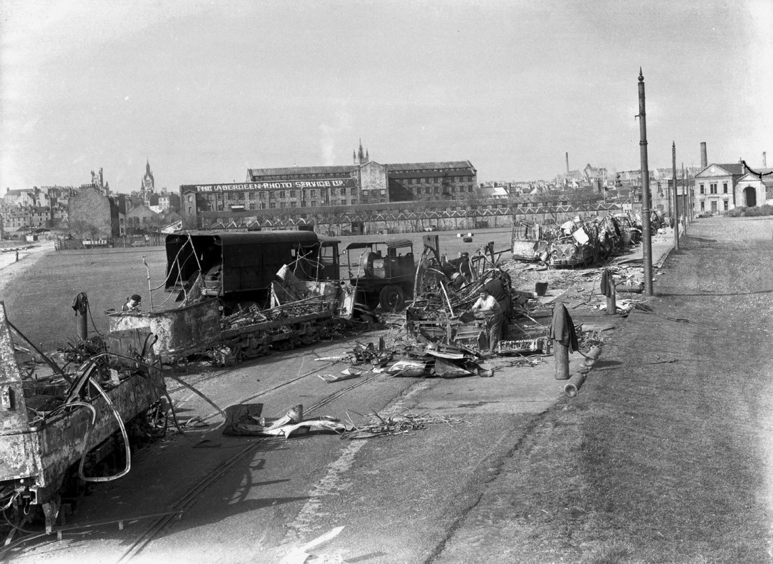The burnt-out Aberdeen trams were cut up for scrap metal in 1958.
